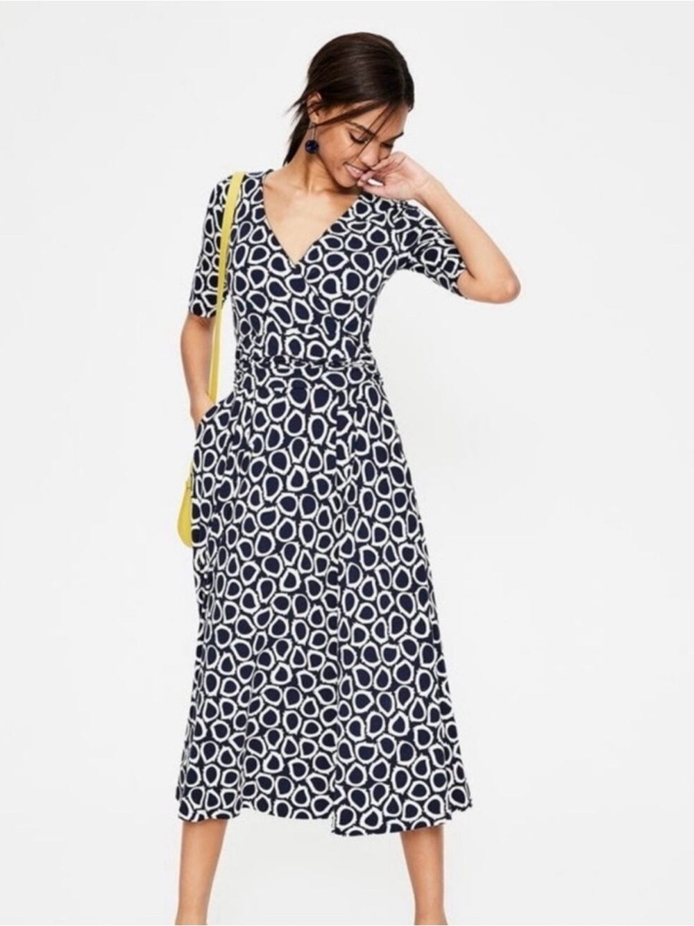 BODEN Kassidy Stretch Jersey Dress Navy White Pockets Faux Wrap UK 8R / US 4R